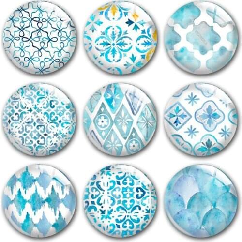 Handmade Blue Watercolor Geometric Pattern Round Photo Glass Cabochons Demo Flat Back DIY Jewelry Making Findings Accessory
