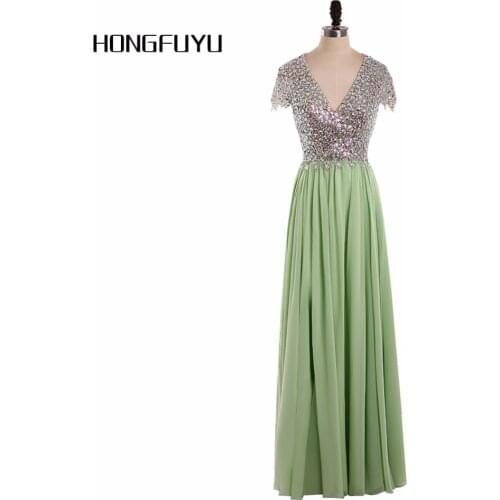 Green Chiffon Prom Dresses 2021 Vestido De Festa Floor Length V Neck Beaded Formal Women Party Dress Prom Dresses z011401