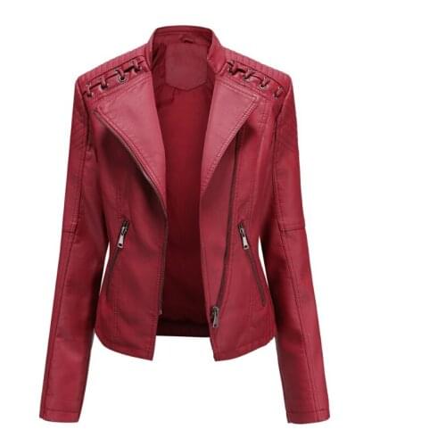 2021 New Spring Lapel Col Faux Leather Jacket Ladies Luxury Jacket Black Pink Red Motorcycle Jacket