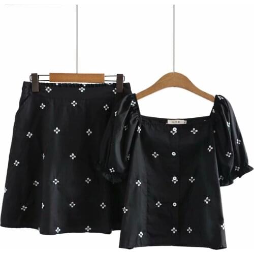 Black embroidery womens clothing summer 2021 Short sleeve Women outfit Women skirt suits plus size Set skirt and tops woman