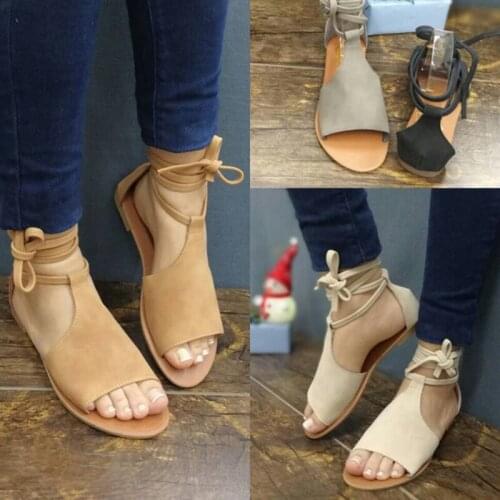 2021 Fashion Summer PU Gladiator Women Sandals Flats Heel Shoes lace-up Black Sweet open-toe Sandals