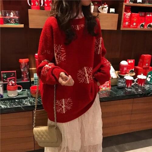 Womens Knitted Sweaters 2019 Winter Red Christmas Sweater for Woman Running Elk Pattern Pullovers Long Sleeve
