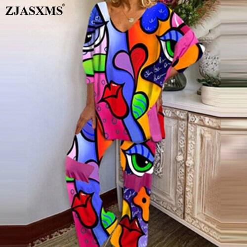 Women 3D Abstract Printed Homewear Set New Spring V Neck Top+Long Pants Sleepwear Pajamas Suit Retro Long Sleeve 2 Piece Outfits