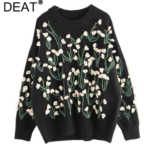 [DEAT] 2021 Autumn Winter New Fashion Tide Pullover Round Neck Long Sleeve Embroidery Printing Loose Sweater Women 13Z1097