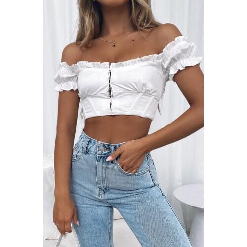Womens Off Shoulder Crop Tops Sexy Short Sleeve Central Single-Row Clasp Frill T-Shirt Pullover Jumper tops Shirt Beach Tanks