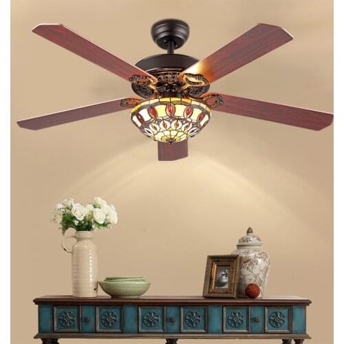 American Ceiling Fan Light Tiffany Living Room Dining Room Retro Remote Control Fan Wood Leaf 52-inch Electric Fan Chandelier