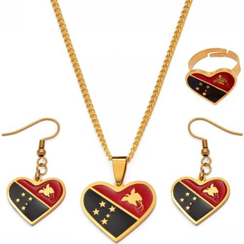 Anniyo PNG Heart Flag Pendant Necklaces Earrings Ring Papua New Guinea National Flag Jewelry sets for Women Girls #120621