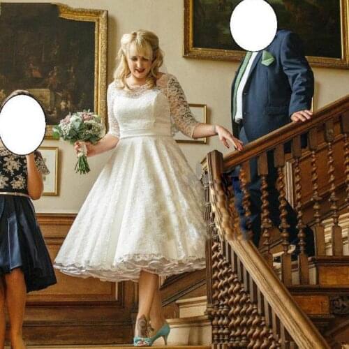 Thinyfull Princess Ball Gown Wedding Dresses Scoop Three Quarter Tea length Bride Dresses Tulle Lace Appliques Bridal Gown 2020