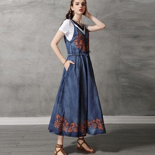 Free Shipping 2019 New Fashion Summer Embroidery Sleeveless Denim Dresses For Women Long Maxi S-XL Vintage Spaghetti Strap Dress