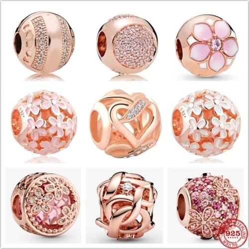 925 Sterling Silver Rose Gold Beads Sparkling Pink Daisy Flower Bead Charm Fit Original Pandora Bracelet DIY Jewelry For Women