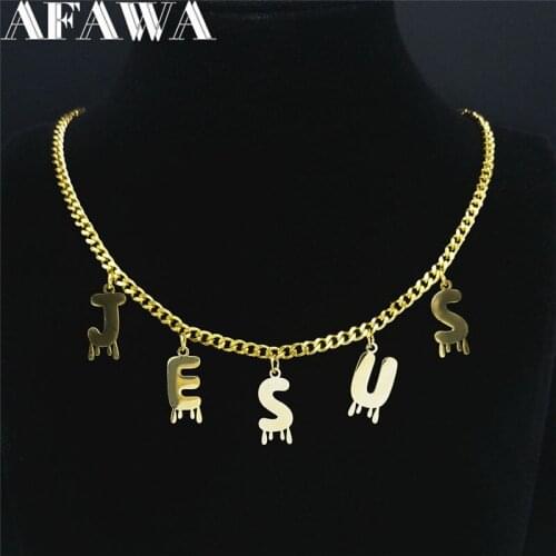Religious Catholic Stainless Steel Jesus Letter Pendant Necklace Women/Men Gold Color Letter Chain Necklaces Jewelry N7003S02