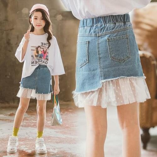 Girls Denim Skirt 2020 Summer New Childrens Fashion Lace Stitching Solid Color Skirt Kids Clothing Girls Casual Skirt 4-12 Years