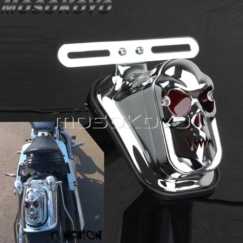 Chrome Motorcycle Skull Brake Taillight Rear Fender Mount For Harley Cruisers Bobber Custom License Plate Bracket Tail Lights