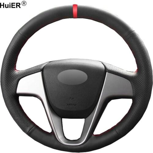 HuiER Hand Sewing Car Steering Wheel Cover Red Marker For Hyundai Solaris 2010-2016 Verna 2010-2016 i20 2009-2015 Accent
