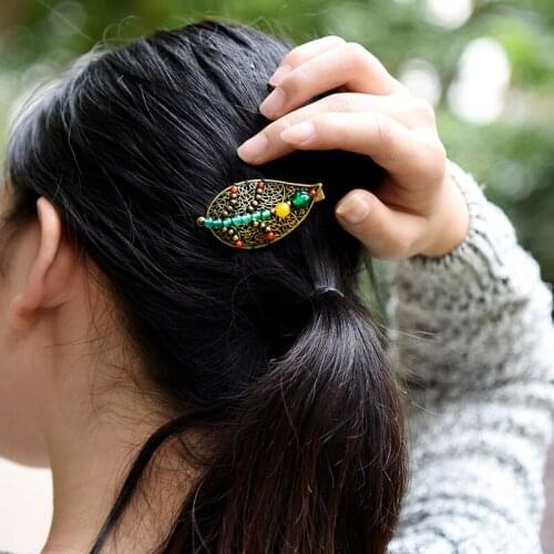 Fashion nature stones vintage hairjewelry,colored stone Ethnic Barrettes,Thailand copper alloy leaf hairjewelry