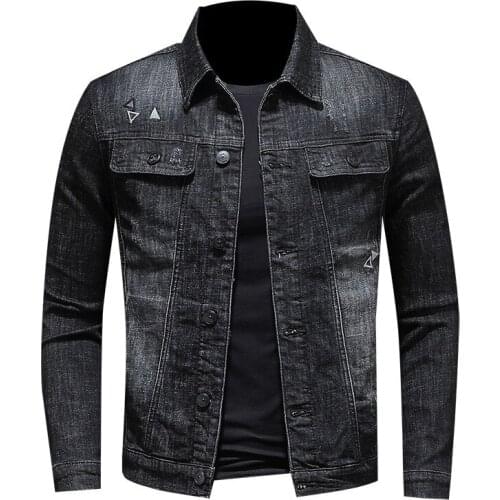 Mens Black Embroidered Denim Coat Classic Fashin Slim Fit Stretch Jeans Jackets Drop Shipping