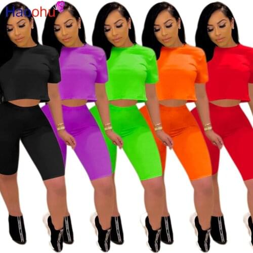 Neon Green Summer 2 Piece Sets Womens Outfits Round Neck Short Sleeve Crop Top And Biker Shorts Casual Plus Size Matching Suits