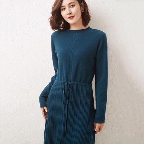 Autumn Winter Elegant Women Office Dress 2021 Fashion O-Neck Long Sweater Women Dress 100% Wool Knitted Long Sleeve Pullovers