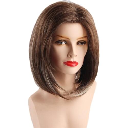 Short Bob Wigs Straight Hair Wigs for Women Shoulder Length Full Wig Natural Looking with Wig Cap Grey Mix Brown