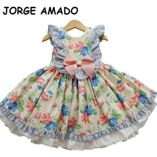 Girls Party Dresses Spanish Style Kids Dresses for Girls Floral Sleeveless Princess Girls Dresses Baby Clothes E19245