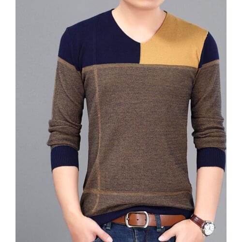 New Casual Computer Knitted V-neck Color Patchwork Mens Pullover Sweaters 2017 Fashion Sweater Male Size M~3xL