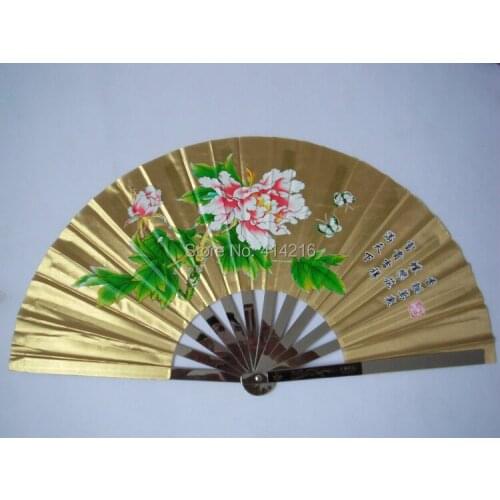 Thick stainless steel fan rib kung fu Martial arts performance tai chi fans taiji Yellow/golden peony double-sided cool