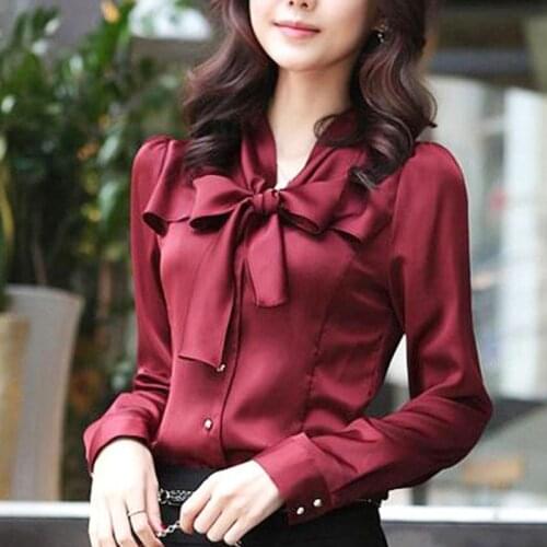 Spring Fashion Korean Tops Satin Chiffon Blouse Women Loose Long Sleeve Shirt White Purple Office Lady Clothes with Bow X265