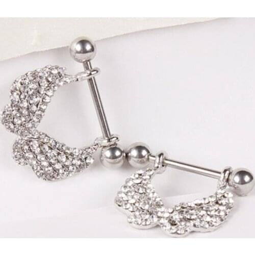 1 Pair Stainless Steel Full Rhinestone Angel Wings Nipple Shield Ring for Women Sexy Nipple Rings Body Piercing Jewelry