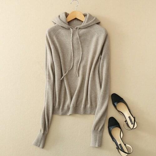 100%goat cashmere knit womens hoodies sweatshirts tie-collar pullover retail wholesale customize