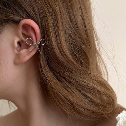 AOMU Korean Gold Silver Color Metal Line Bow Ear Bone Clip Non-Pierced Simple Irregular Geometric Hollow Earrings for Women