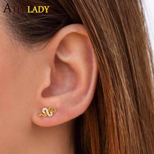 100% 925 Sterling Silver minimalist delicate animal Earrings For Women girls Gold Snake cz studs Cartilage Ear Bone Earrings