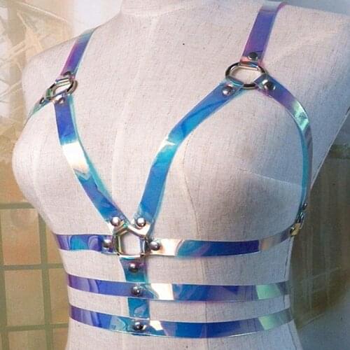 Womens Sexy Laser Waist Belts PU Leather Adjustable Body Chest Harness Belt with Buckles Rings Punk Costumes Waist Belts