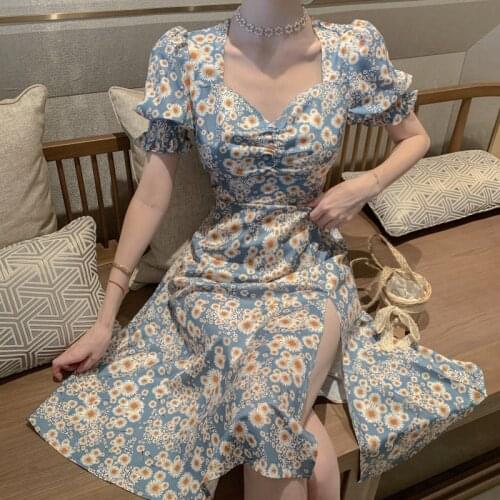 2021 Korean Chic Vintage Daisy Print Dresses Women Puff Sleeve Sundress Robe Femme High Waist A-line Summer Dress Party Vestidos