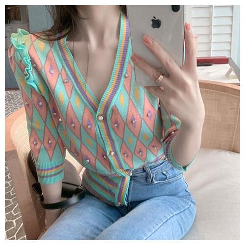 2021 Summer Women Thin Plaid Pattern Cardigans Fashion Ladies Slim Ice Silk Knitted Sweater V-neck Buttons Crop Cardigan X319