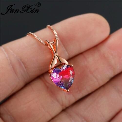 Unique Rainbow Fire Crystal Stone Love Heart Pendant Clavicle Necklaces For Women Rose Gold Chain Valentine Day Wedding Necklace
