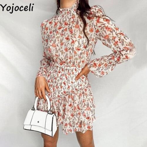 Yojoceli Elegant ruffle print short dress women Autumn shirred leopard mini dress vestidos Casual cool sexy beach daily dress