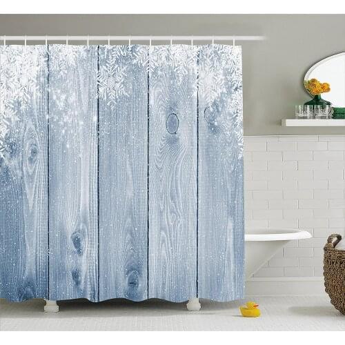 Winter Shower Curtain Frozen Wooden Texture Snowflakes Rustic Inspirations Grunge Retro Designed Print Waterproof Bath Curtains