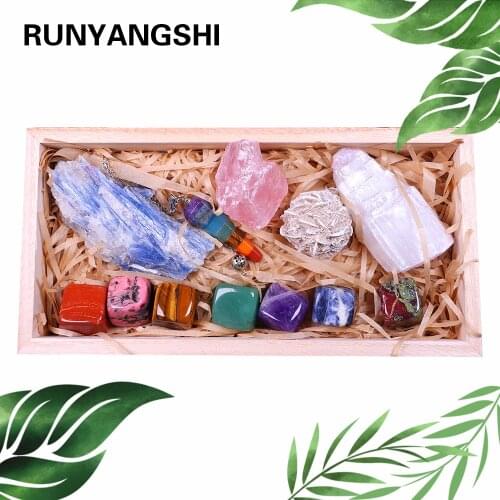 12PCS Natural crystal Chakra Healing Stone wooden gift box set collection 7 Tumbled Chakra Gemstones