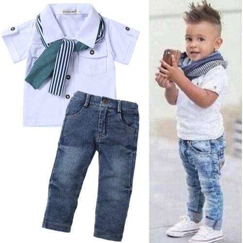 Spring Boys Clothing Sets Short T-shirt + Jeans+Scarf 3 pcs Baby Boys Clothes Kids Suit For 2-6 Years Old Kids Children Clothing