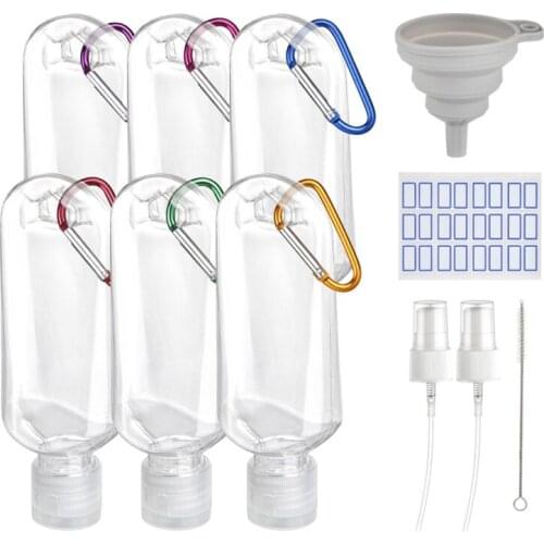 6Pcs 50ml Refillable Empty Bottles with Keychain Nozzles Funnel Brush Labels Set