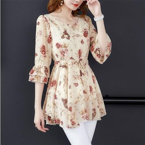 Women Spring Summer Style Chiffon Blouses Shirt Lady Casual Short Sleeve O-Neck Solid Print Womens Casual Loose Tops DF3512