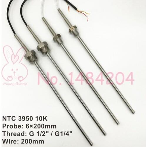 2x NTC 3950 10K Thermistor Temperature Sensor SUS304 6mm*200mm /100mm Probe 200mm Wire -40~150 Degree Thread G 1/2 G1/4"