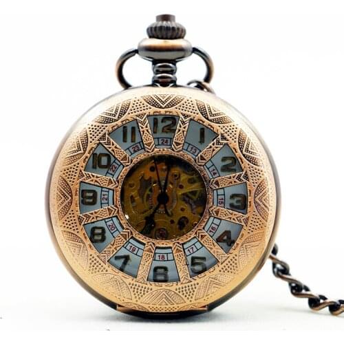 Elegant Retro Red Bronze Frame With Flower Roman Number Dial Design Mechanical Pocket Watch With Chain