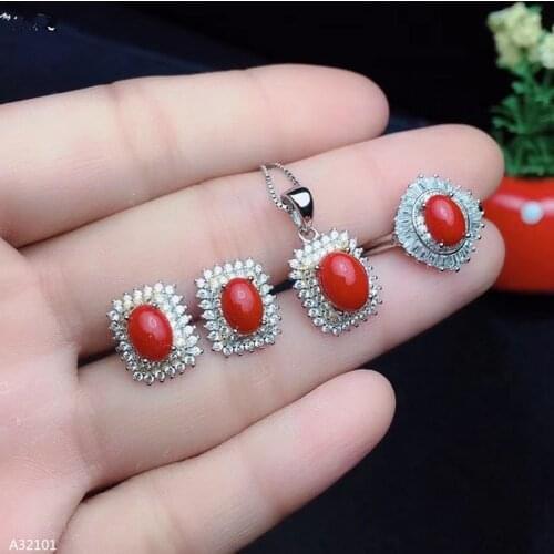 KJJEAXCMY Fine Jewelry 925 sterling silver inlaid natural gemstone red coral ring pendant earring set luxury supports test