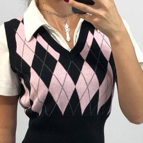 Brown Argyle Sweater Vest Y2k Women Sweater Vest V Neck Vintage Sleeveless Crop Tops Preppy Style Plaid Knitwear Pullover Autumn