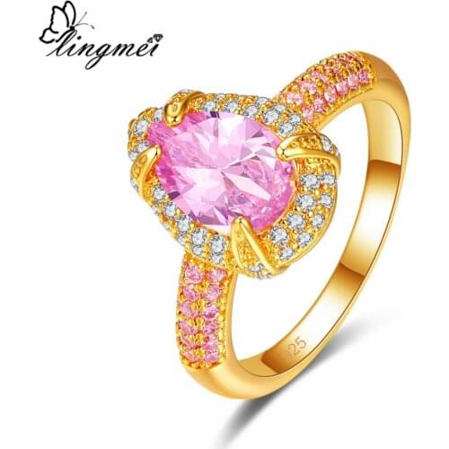 Lingmei Gorgeous DazzlingSilver ColorJewelry Pear Cut Yellow & White & Pink Zircon Yellow GoldRing Size 6 7 8 9 Gifts