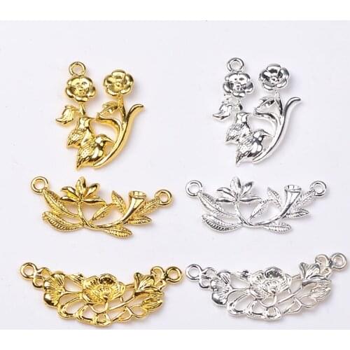 10PCS Fashion Metal Alloy Gold/KC Gold/Silver Color Flower Branch Connectors Charm DIY Findings For Jewelry Making