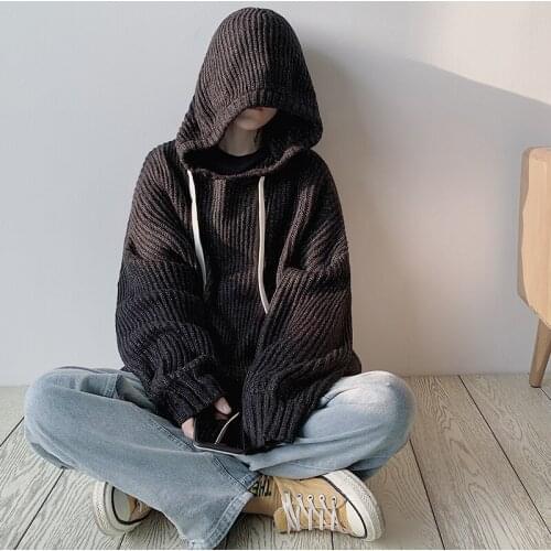 Net Red Hat Hooded Knit sweatshirts Mens Fashion Knitted Thick Loose Hoodies Autumn Batwing Sleeve Loose Black Pullovers Winter