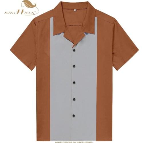 SISHION Short Sleeve Summer Shirt ST123 50s 60s Vintage Brown Red Button Up Bowling Men Shirt camisas
