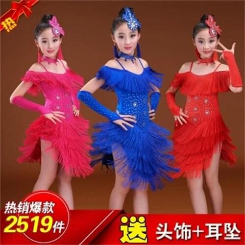 New childrens Latin dance skirt autumn costumes fringed bright drill childrens dance practice clothing girls